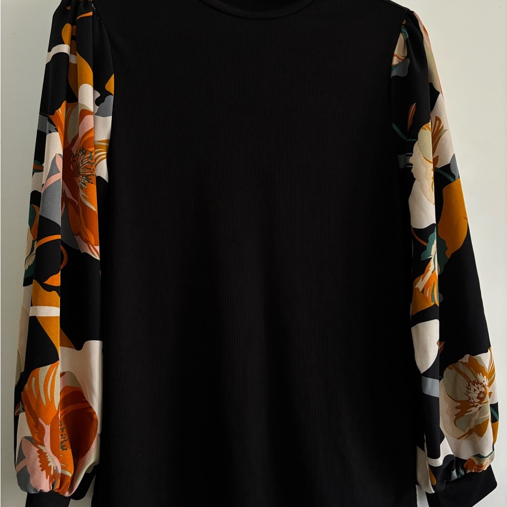 Floral Sleeve Black Top